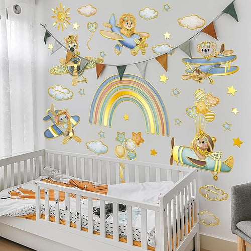 Animal Rainbow Wall Stickers Airplane Animals Wall Decals Stars & Clouds Peel and Stick Decal for Kids Rooms Nursery Playroom Walls (Rainbow Airplane)