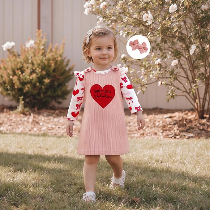 FIOMVA My First Valentines Day Outfit Clothes Baby Girl Romper Love Onesie Heart Embroidery Overalls Suspender Dress Set
