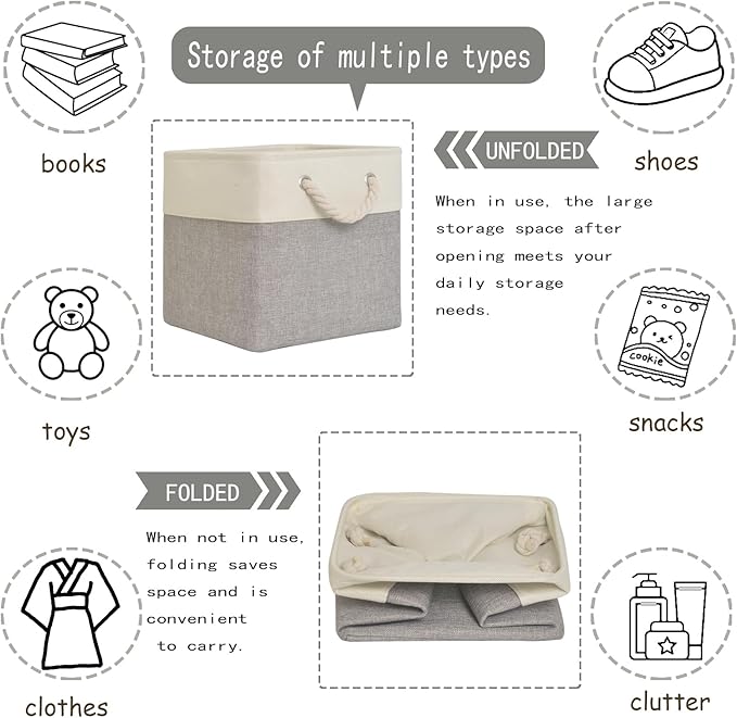 11inch cube storage bin[6 Pack],Fabric Storage Cubes with Rope Handles, Eco-Friendly Linen Collapsible Organizers for Closet, Nursery, Toys, Office, Bathroom – Dual Color Design.(White&Grey)