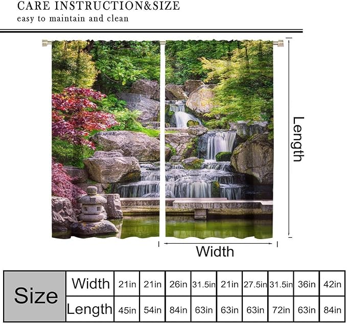 View Waterfall Blackout Curtains, Forest Waterfall Retro Style Natural Scenery Garden Art Landscape Rod Pocket Window Drapes, for Living Room Bedroom 63" W X 72" L