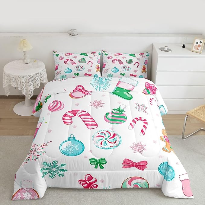 Feelyou Candy Cane Comforter Set Toddler Size Christmas Ornament Bedding Set for Kids Boys Girls Snowflake Duvet Quilt Festive Bow Bedroom Decor Christmas Stocking 2 Pcs with 1 Pillow Cases
