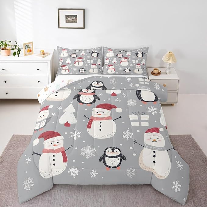 Feelyou Christmas Comforter Set Queen Size Snowman Snowflake Bedding Set for Kids Boys Girls Penguin Duvet Quilt New Year Gift Bedroom Decor Microfiber 3 Pcs with 2 Pillow Cases