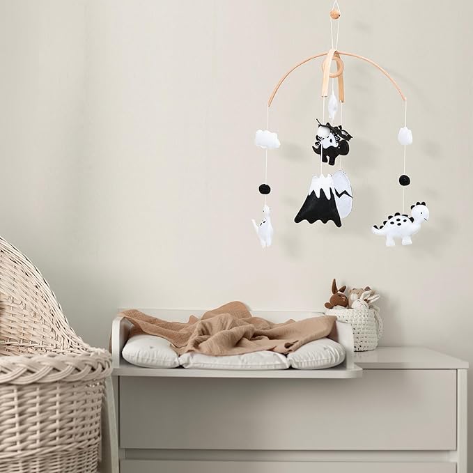 Montessori Baby Mobile – Handmade Black & White Dinosaur Crib Mobile – Nursery Decor for Boys and Girls – Newborn Visual Development – Perfect Baby Shower Gift