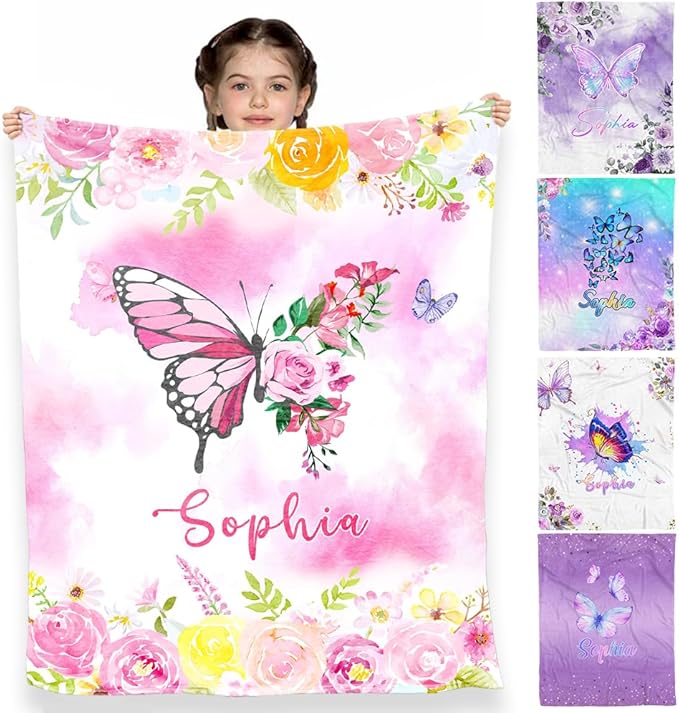 D-Story Ships Next Day, Custom Baby Blanket for Girls, Personalized Baby Gifts Butterfly Blankets, Customized Newborn Blanket with Name
