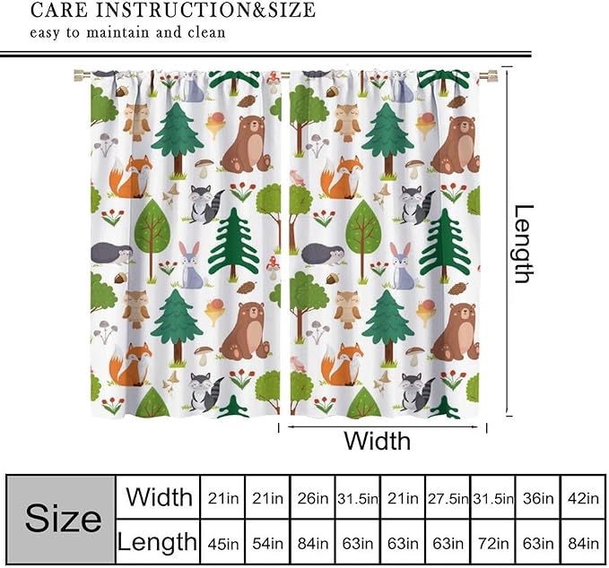 Jungle Animal Curtains, Woodland Animals Forest Pattern Blackout Window Treatments, Rod Pocket Thermal Insulated Drapes 2 Panel Sets for Kids Room Nursery Classroom, 63" W X 63" L