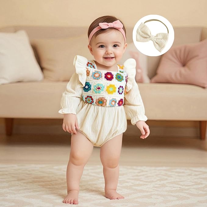 Gaono Newborn Baby Girl Smocked Bubble Romper Cute Boho Summer Clothes Ruffle Sleeveless Crochet Flower Vintage Bodysuit