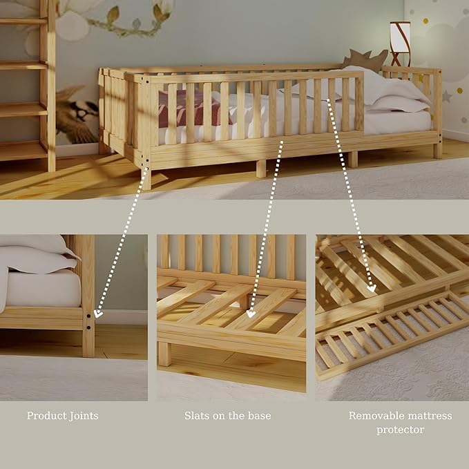Montessori Floor Bed Designed with Open Front for Girls and Boys | Pine Wood Natural Solid Frame Beds Footed Model with Slats | Sturdy Designed Floor Bed Frame for Kids (Full, Height : 23 Inches)