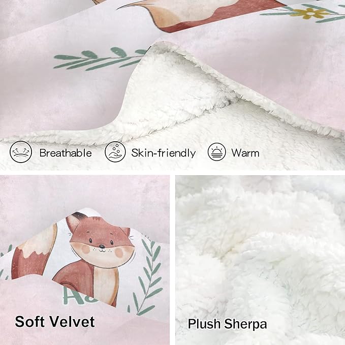 Cute Fox Pink Personalized Receiving Sherpa Fleece Baby Blankets for Girls Boys Kids, Swaddle Blankets Gift for Newborn Crib Infants 30x40 Inches