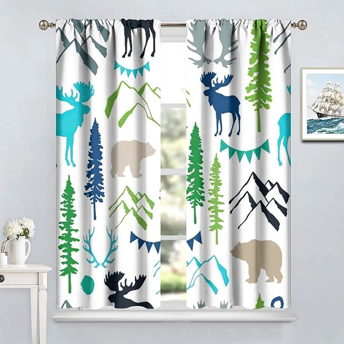 Forest Woodland Curtains, Wild Nature Bear Moose Deer Pine Trees Mountain Cabin Lodge Blackout Rod Pocket Windows Door Curtain for Bedroom Living Room Home Decor 84x84in