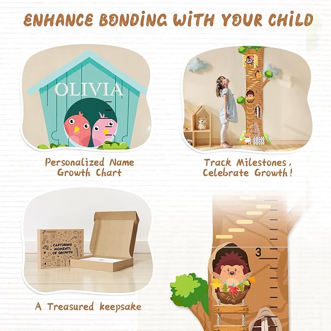 Personalized Wooden Growth Chart, Tree House Animals Height Chart for Kids Room, Wood Kids Measuring Chart, Nursery Growth Chart Ruler Measuring Board for Boys Girls