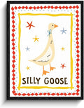 Silly Goose Wall Art, silly goose message, whimsical kids wall decor, matte finish framed canvas print, nursery poster artwork, for nursery kids room birthday gift, 12x15 inch