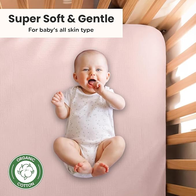 Organic Cotton Muslin Crib Sheets (Set of 2) – Soft & Breathable Fitted Sheets for Boys and Girls, Neutral Colors – Fits Standard Baby Crib Mattress (28 x 52 Inches) (Peach/Ivory)