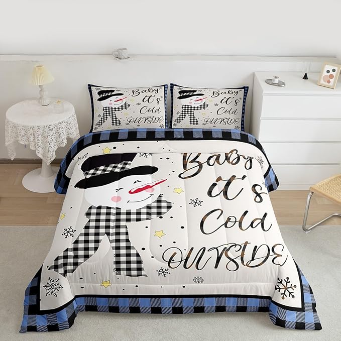 Christmas Snowman Kids Comforter Set Full Size,Snowflake Christmas Holiday Bedding Set,Girls Boys Adults Xmas Decor,Geometric Grids Lattices Down Comforter,Blue Rustic Duvet Insert,2 Pillowcases