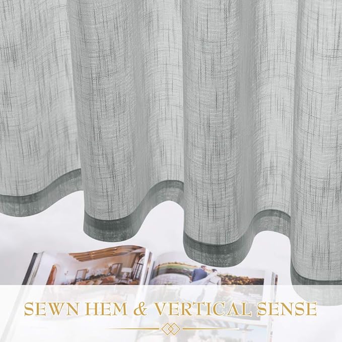 RYB Home Linen Sheer Curtains - Linen Textured Semi Sheer Curtains for Home Office Kids Nursery Bedroom Window, 52 inches Wide x 63 inches Long per Panel, 2 Panels, Grey