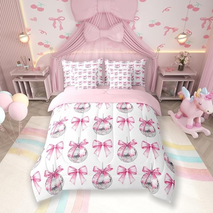 7 Pieces Cartoon Bowknot Kid Comforter Set Full,Bow Tie Butterfly Knot Princess Bedding Set,Western Cowgirl Disco Ball Retro Pink White（Comforter+Fitted+Flat Sheet+2 Pillowcases+2 Throw Pillow Covers）