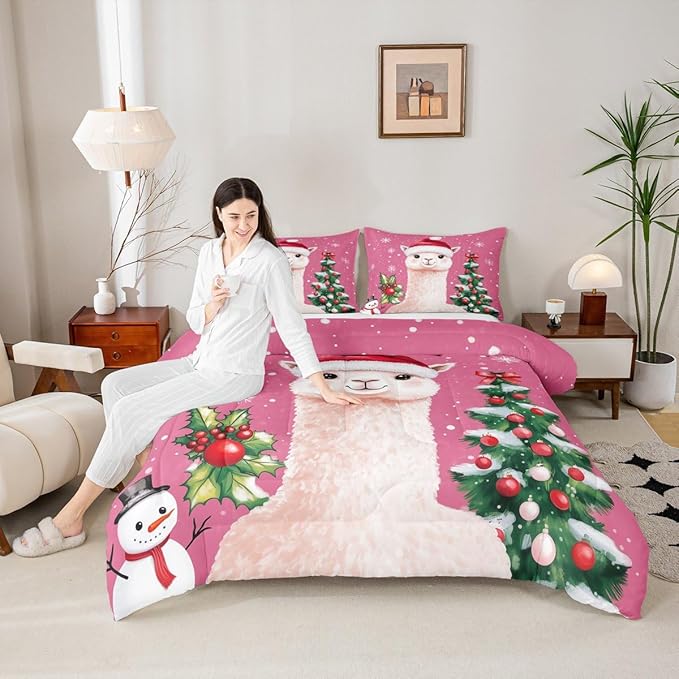 Feelyou Merry Christmas Bedding Set Soft for Boys Girls, Cute Llama Comforter Set King Size Snowflake Duvet Quilt Microfiber Christmas Tree Bedroom Decor 3 Pcs with 2 Pillow Cases