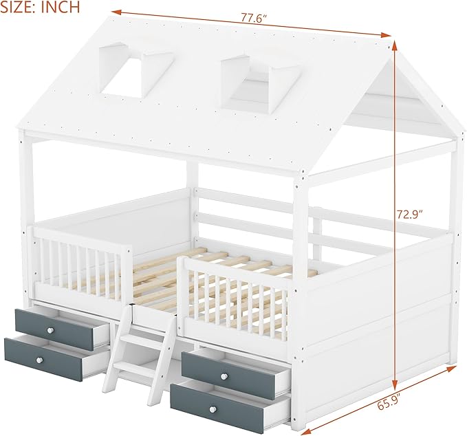 Merax Full Size Wood House Bed Frame with Full-Length Fence and 4 Storage Drawers, Funny Playhouse Tent Bed with Roof and 2-Step Ladder for Children Boys Girls Bedroom, No Box Spring Needed, White