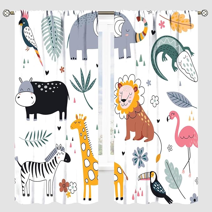 YCness Cartoon Forest Animals Curtains, Woodland Woodland Wild Giraffe Zebra Lion Hippopotamus Window Treatments for Kids Bedroom Living Room Home Nursery Drapes, 42x45 Inch