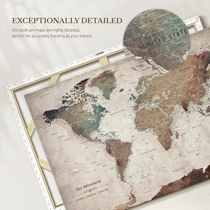ElephantStock - Our Adventures World Map With Push Pin Iii Wall Art - Horizontal Canvas Wall Art - Living Room Wall Decor - Printmaking Map Canvas Art - Beige And Brown Decor - 48" x 32"