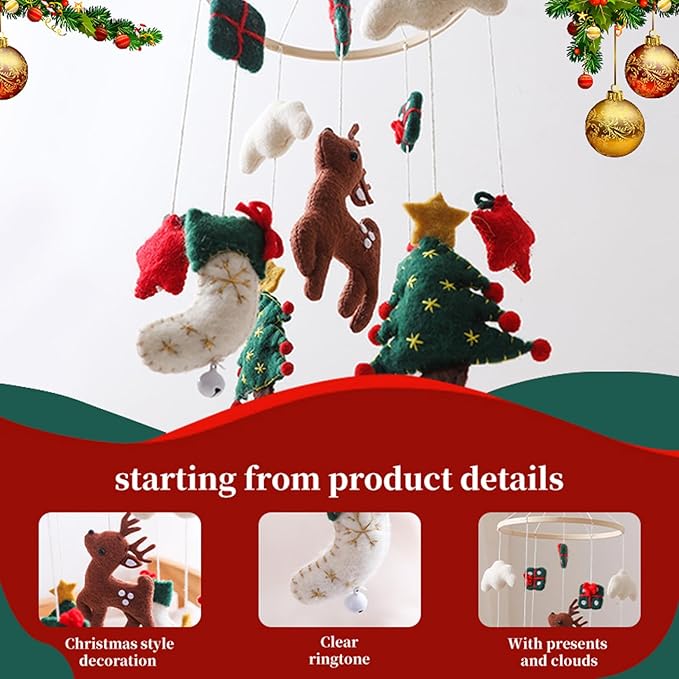 Baby Crib Mobile, Christmas Deer Crib Hanging Toy, Felt Xmas Tree Clouds Stars Baby Wind Chimes, Newborn Gifts for Girls Boys Toys Hanging Christmas Toys Mobile Hanger for