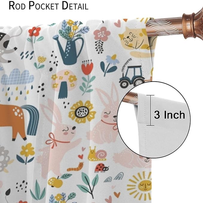 Farm Animal Curtains for Kids, Cartoon Cute Wild Animal Window Treatments Woodland Farmhouse Cow Horse Pig Window Drapes for Girls Boys Nursery Toddler Bedroom 63x72in