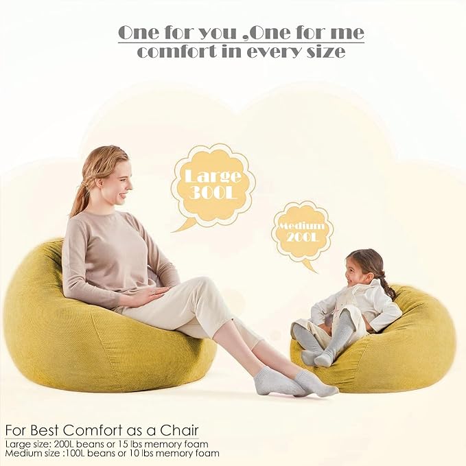 Nobildonna 3 ft Bean Bag Chair Cover (No Filler) 35"×43" Large Stuffed Animal Storage Bean Bag Washable Big Beanbag Chair Cover Premium Corduroy Stuffable Bean Bag Cover for Adults,Kids,Yellow 300L