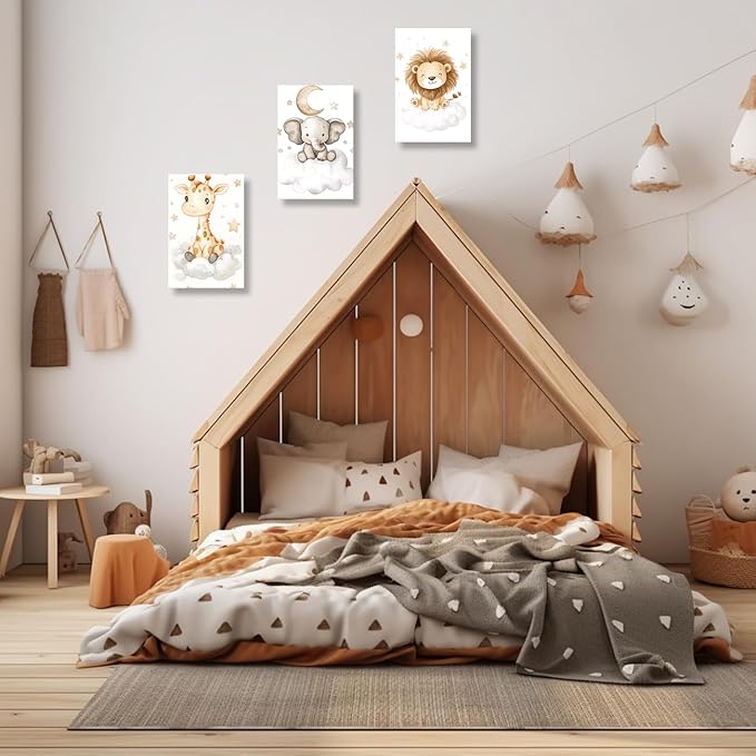 DOARTDO Nursery Animal Canvas Wall Art Baby Animal Pictures 3 Pieces Cute Elephant Lion Giraffe Print Painting Kids Room Nursery Decor Frame (16x24inchx3Pcs)