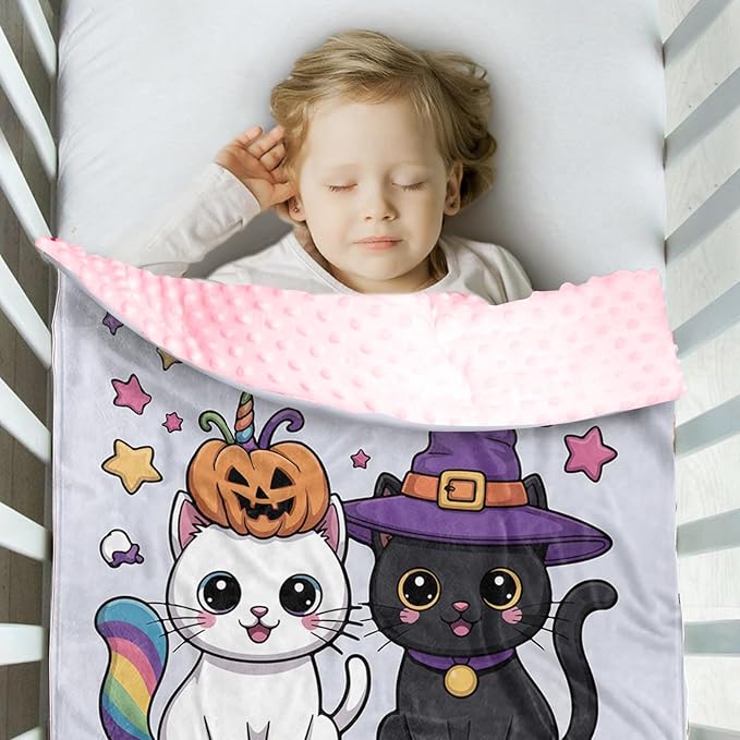 Personalized Halloween Blanket for Baby Girls, Custom Baby Blanket with Name, Cute Cat Pattern Soft Minky Dot Blanket, Halloween Decor Christmas Birthday Gifts for Kids Toddlers