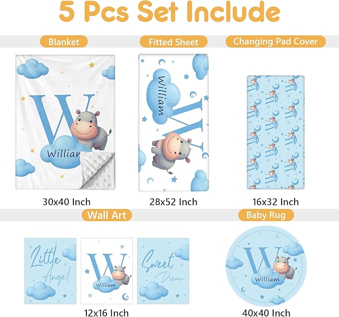 Custom Crib Bedding Set, 5 Pcs Personalized Name Baby Crib Sets for Newborns Infants Toddlers, Blue Hippo Nursery Bedding Set for Boys Girls, Double Layer Baby Bedding Sets Customized Gifts