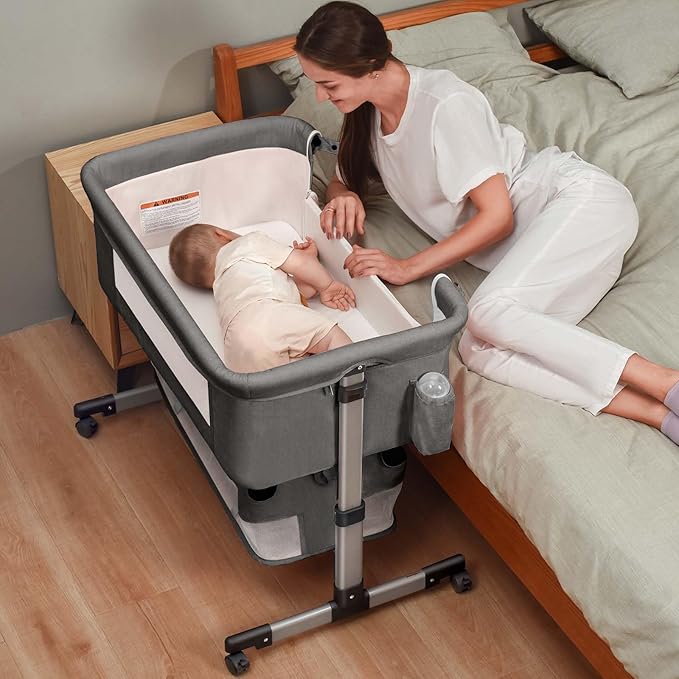 Bedside Crib,3 in 1 Baby Crib Adjustable Portable Bed for Infant,Baby Bassinet with Mosquito net Newborn Bed,Grey
