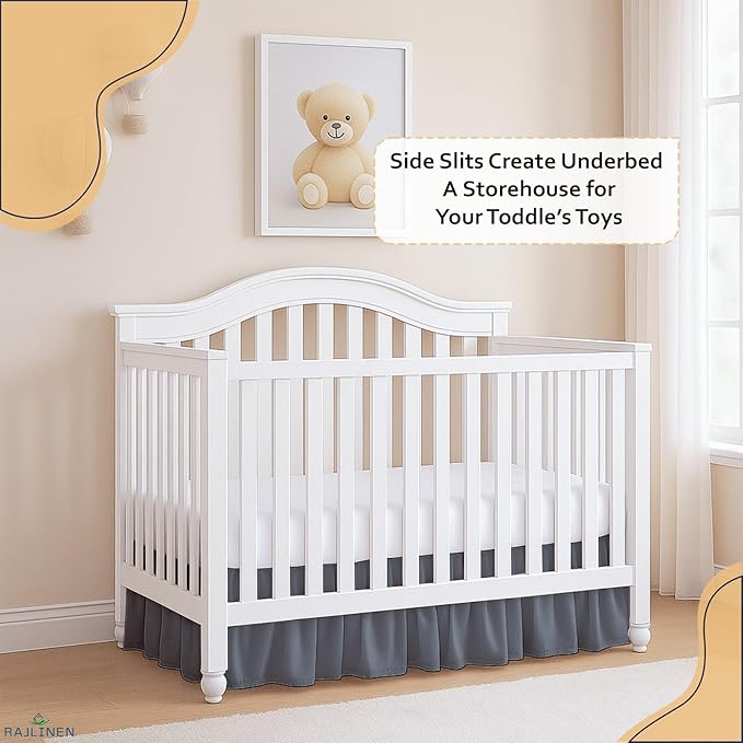 Rajlinen Ruffled Crib Bed Skirt, Microfiber, Dust Ruffle with Split Corners, 14" Drop, Nursery Toddler Bedding for Baby Boys or Girls, Dark Grey