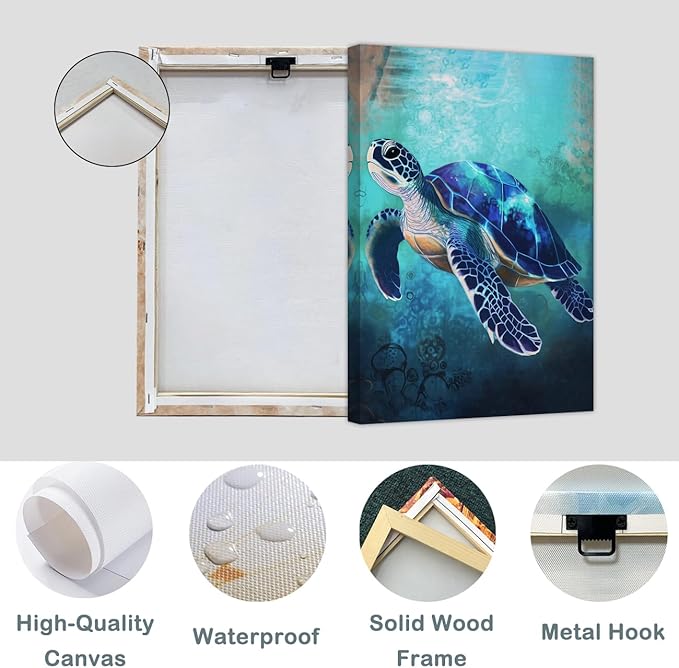 AWPANERAR Sea Turtle Wall Art Bathroom Pictures Watercolor Sea Life Canvas Prints Ocean Animal Poster Nautical Theme Artwork for Kids Room Nursery Decor Framed (Blue, (36L x 24W))