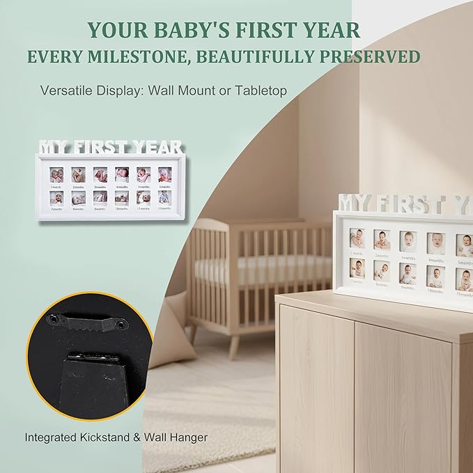 MICKYU My First Year Baby Picture Frame – 12-Month Milestone Photo Display, Personalized Monthly Growth Tracker, Newborn Shower Gift, Rustic White Décor for Nursery or Living Room