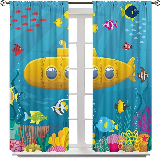 Boy Window Curtains Submarine Window Drapes Yacht Window Treatments Underwater World Oasis Thermal Drapes for Kids Girls Toddler Teens Room Dorm Decor Set 2 Panels,42x45 Inches
