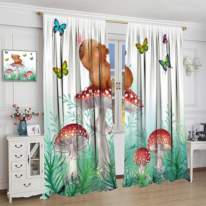 Cartoon Animals Curtains, Cute Butterfly Capybara Blackout Window Treatments, Rod Pocket Thermal Insulated Drapes 2 Panel Sets for Kids Bedroom Nursery Classroom, 63" W X 63" L