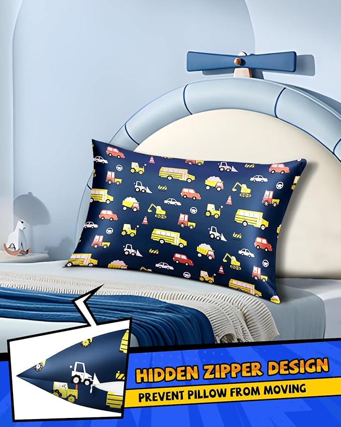 Silk Pillowcase for Kids - 30 x 20 Inches Queen Size Mulberry Silk Pillow Case with Zipper Cute Cartoon Kawaii Teens Girls Boys Pillowcase for Hair and Skin, Red Yellow Car