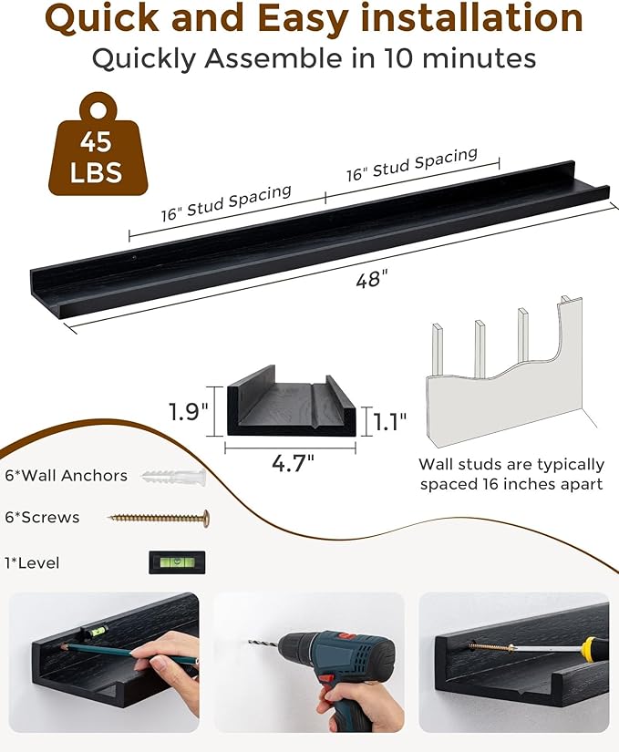 Axeman Oak Picture Ledge Shelf, 48 Inch Floating Shelves Set of 2, Solid Oak Wood Wall Shelves with Lip, Wall Decor Storage for Bedroom Living Room Bathroom Kitchen Nursery Photo Picture, Black