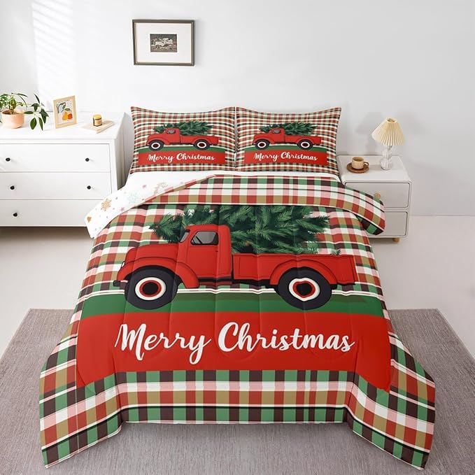 Feelyou Merry Christmas Kids Comforter Set Toddler Size Christmas Tree Bedding Set Snowflake Duvet Quilt for Kids Boys Girls Bedroom Winter Decor Microfiber Ultra Soft Breathable