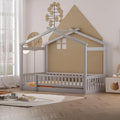 Merax Twin Size Wooden House Bed with Fence, Wood Bed Frame with Roof and Safety Guardrail for Kids, Teens, Boys or Girls, Gray