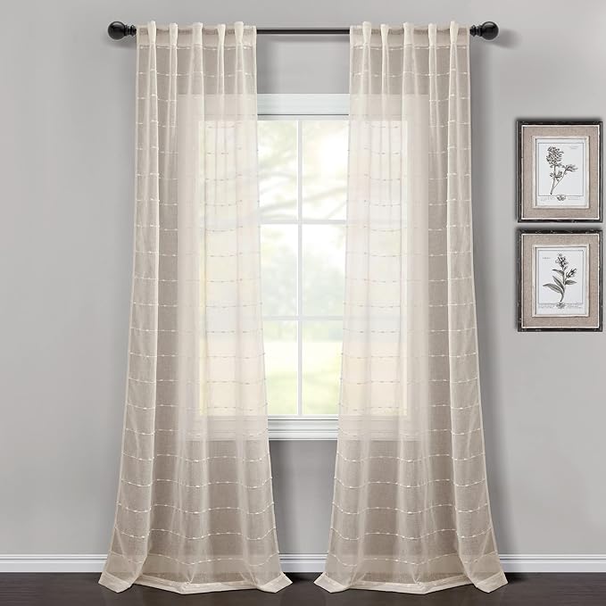 Lush Decor Farmhouse Textured Back Tab/Rod Pocket Sheer Window Curtain Panel Pair, 38"W x 84"L, Beige