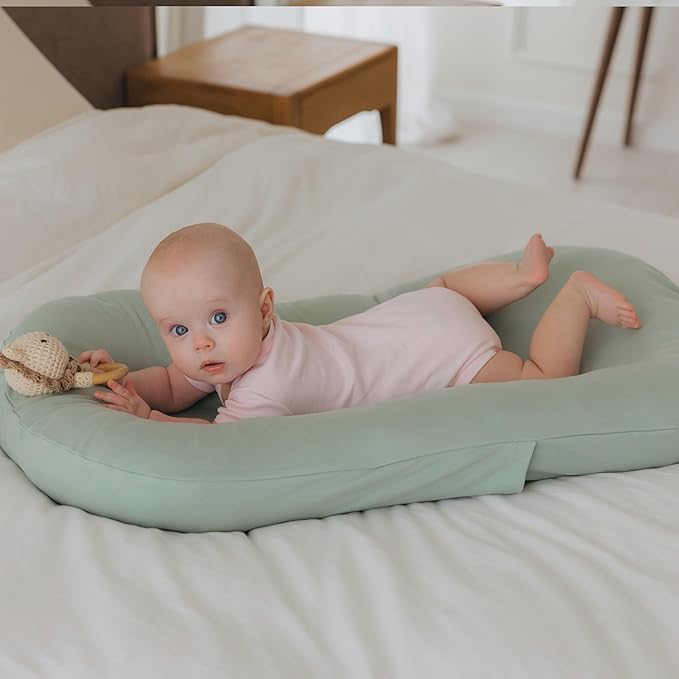 Aila + Aiden Baby Lounger | Organic Cotton Infant Lounger | Adjustable & Portable Floor Lounger | Supervised Use | Soft, Breathable, Washable Cover - Snuggle Collection - (Sage)