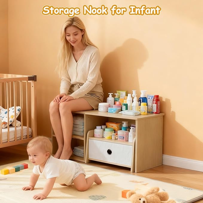 Kids Bookshelf with Bench, Toddler Table with Reading Nook, Montessori Shelf with Fabric Drawer, Toy Organizers and Storage for Kids Rooms, Nursery, Playroom, Bedroom, Natural