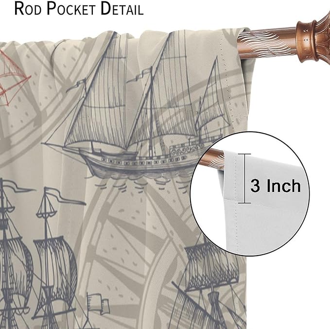 Nautical Curtain Set, Yellow Polyester, 2 Panels, 42x63 Inches, Contemporary Ocean Theme, Bathroom, Window Treatment Panels