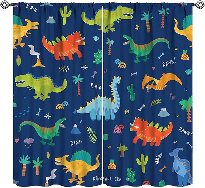 Funny Dinosaur Blackout Curtains Colorful Cartoon Animals Dino Tropical Plant Art Print for Kids Boys Bedroom Living Room Rod Pocket Decoration Window Drapes 2 Panels W42xL84in