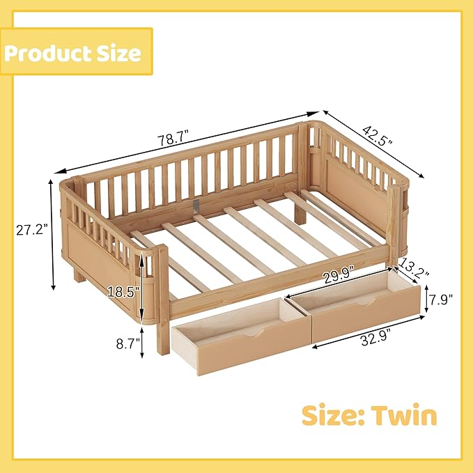 Twin Kids Bed with Storage Drawers & Rails, Wood Low Montessori Beds with Detachable Side Rails & Slats, Modern Daybed for Boys Girls Bedroom, Kids Twin Platform Bed, Natural