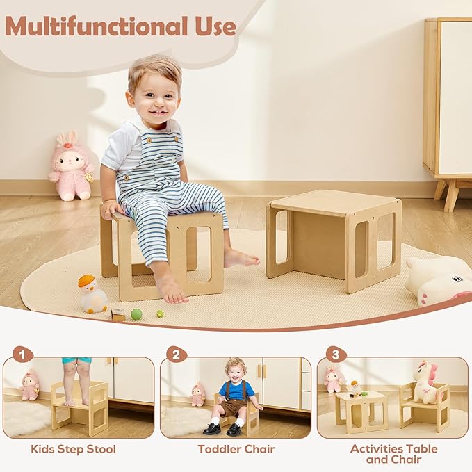 FUNLIO Height Adjustable Montessori Weaning Chair for Age 1-3, Quality Solid Wooden Chair, for Eating/Reading/Playing,Montessori Furniture with CPC Certified - Natural（2pcs）