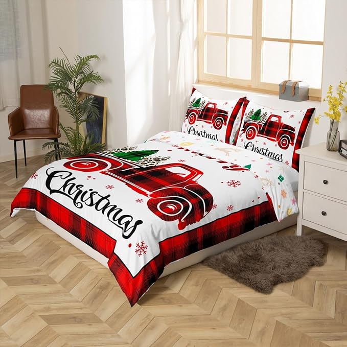 Xmas Truck Duvet Cover Set King Size, Christmas Tree Snowflake Print Bedding Set 3pcs for Kids Boys Girls Bedroom Decor, New Year Theme Red Plaid Print Comforter Cover with 2 Pillowcases,No Comforter