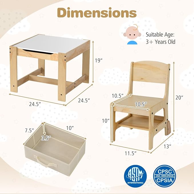 Costzon Kids Table and Chairs, 3 in 1 Wooden Activity Desk Set w/Double-Sided Tabletop, Storage Drawers and Reinforced Design for Drawing, Reading & Playing, Toddler Table and Chair Set (Beige)