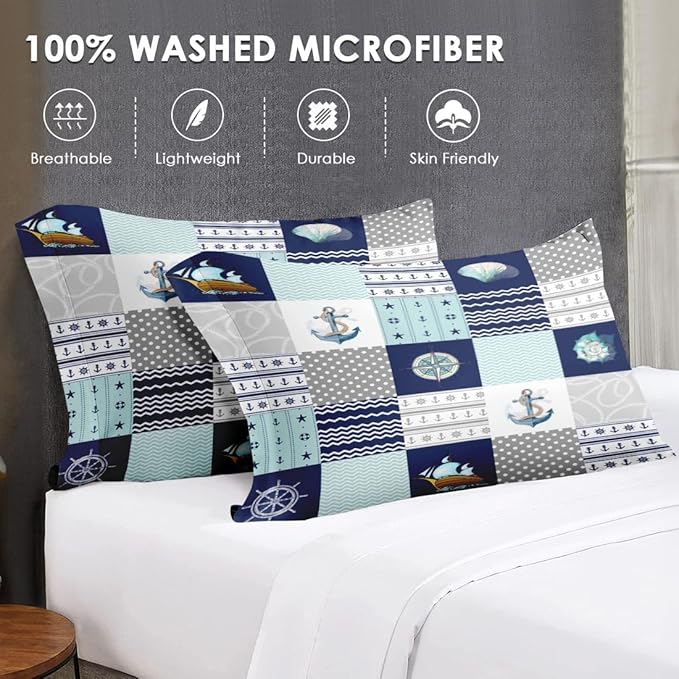 7 Pcs Queen Size Comforter Set with 2 Pillowcases & 2 Shams, Nautical Blue Marine Summer Bedding for Kids and Adults, Sea Ocean Boat Plaid Bed in a Bag with Flat Fitted Sheet