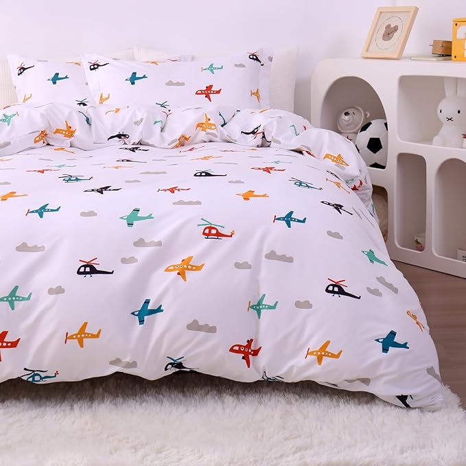 JSD Airplane Kids Duvet Cover Set Twin Size, 2 Piece Soft Printed Microfiber Comforter Cover with Pillow Sham Zipper Closure, Comforter Not Included